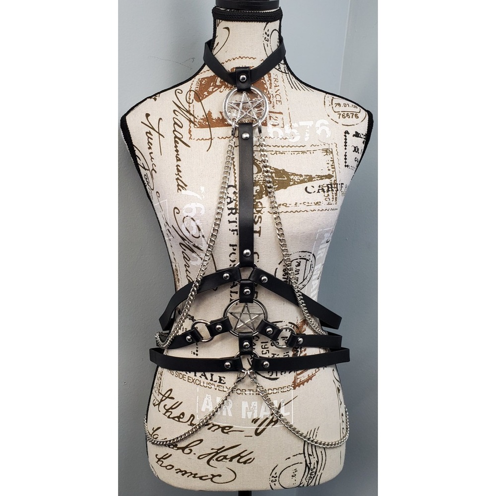 Gothic‎ Black Faux Leather Body Harness Pentagram Chain Choker Waist Belt Womens